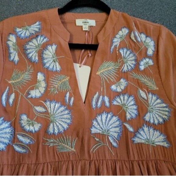 Entro S Browm Floral Embroidered Tiered V Neck Baby Doll Dress 612 - Picture 4 of 9